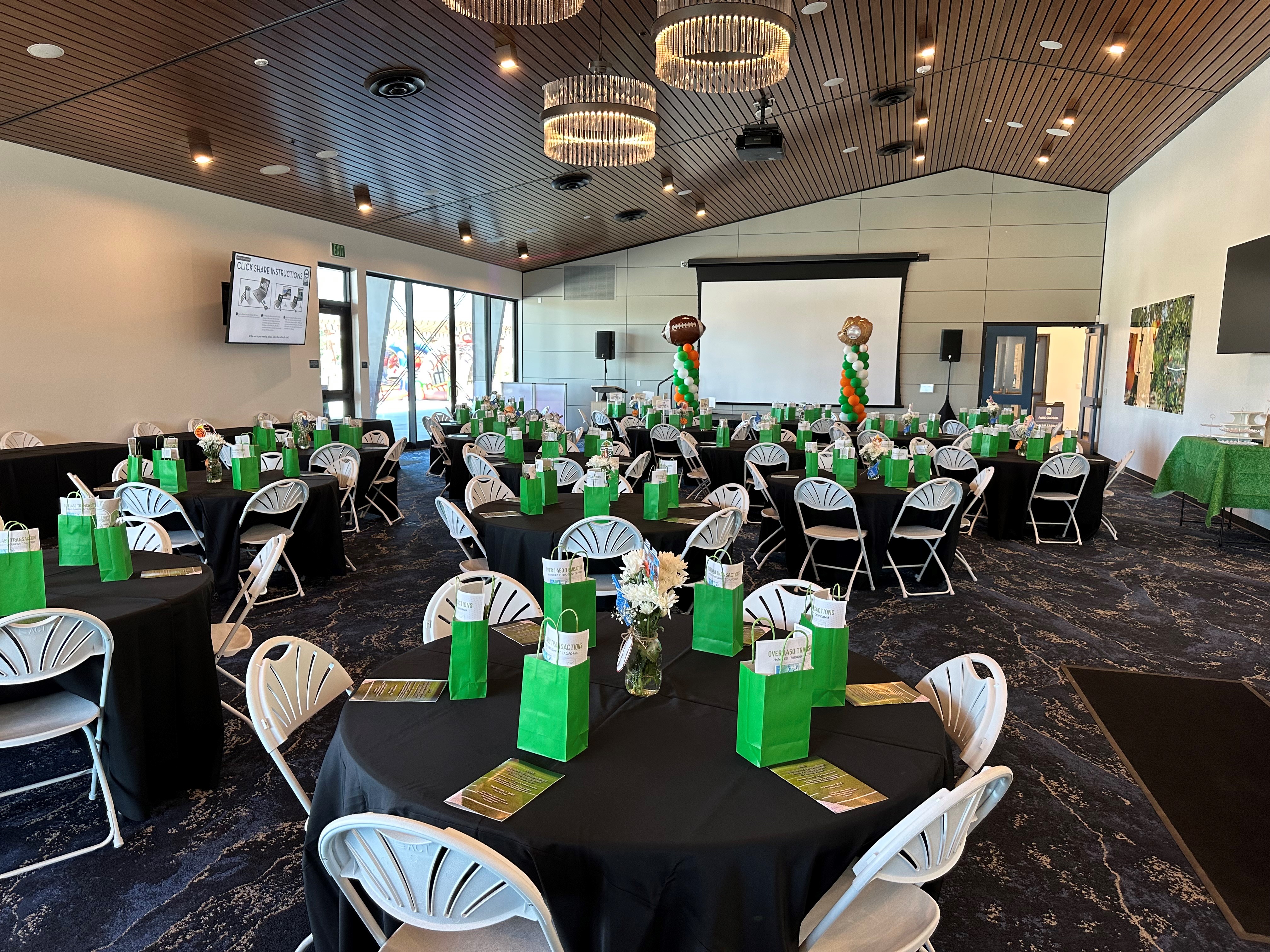 room set up with round tables for an event
