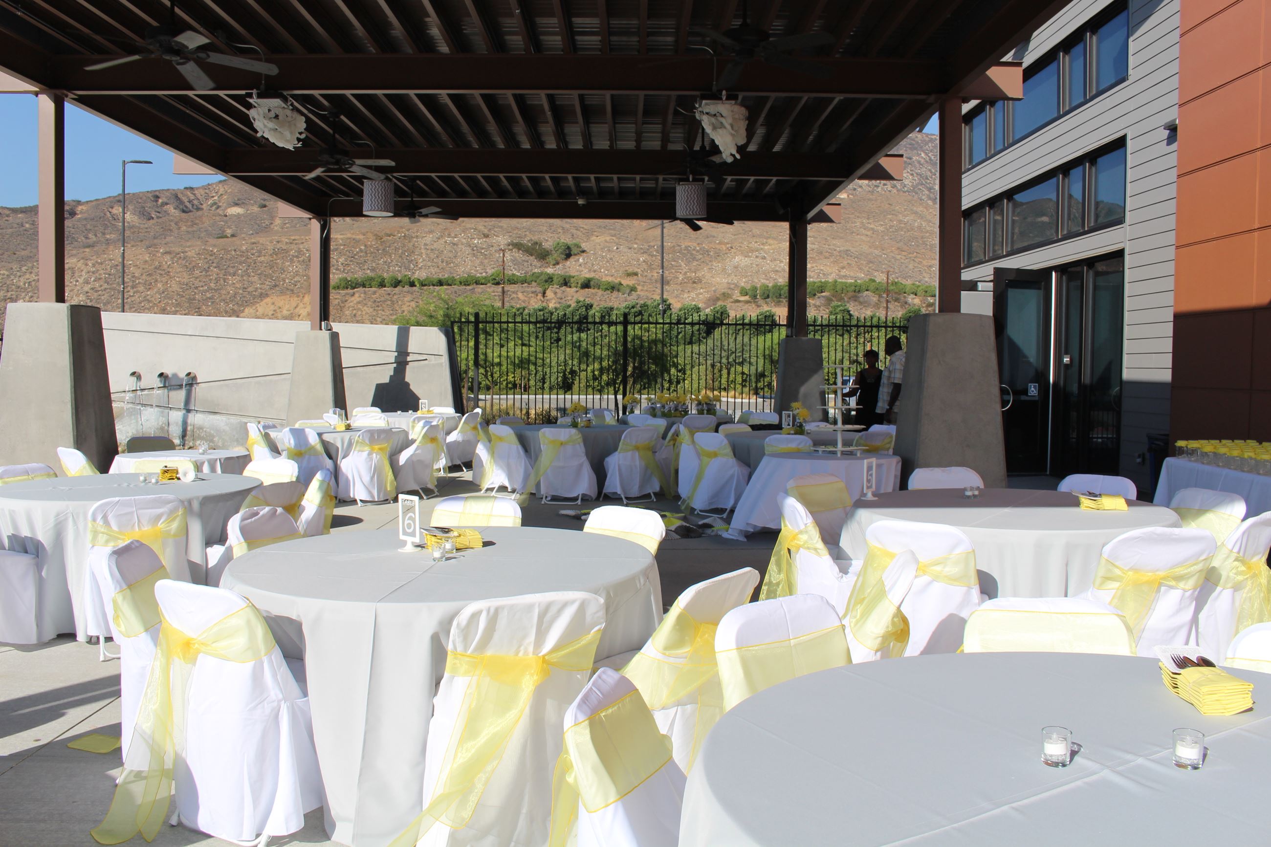 Patio area set up with round tables